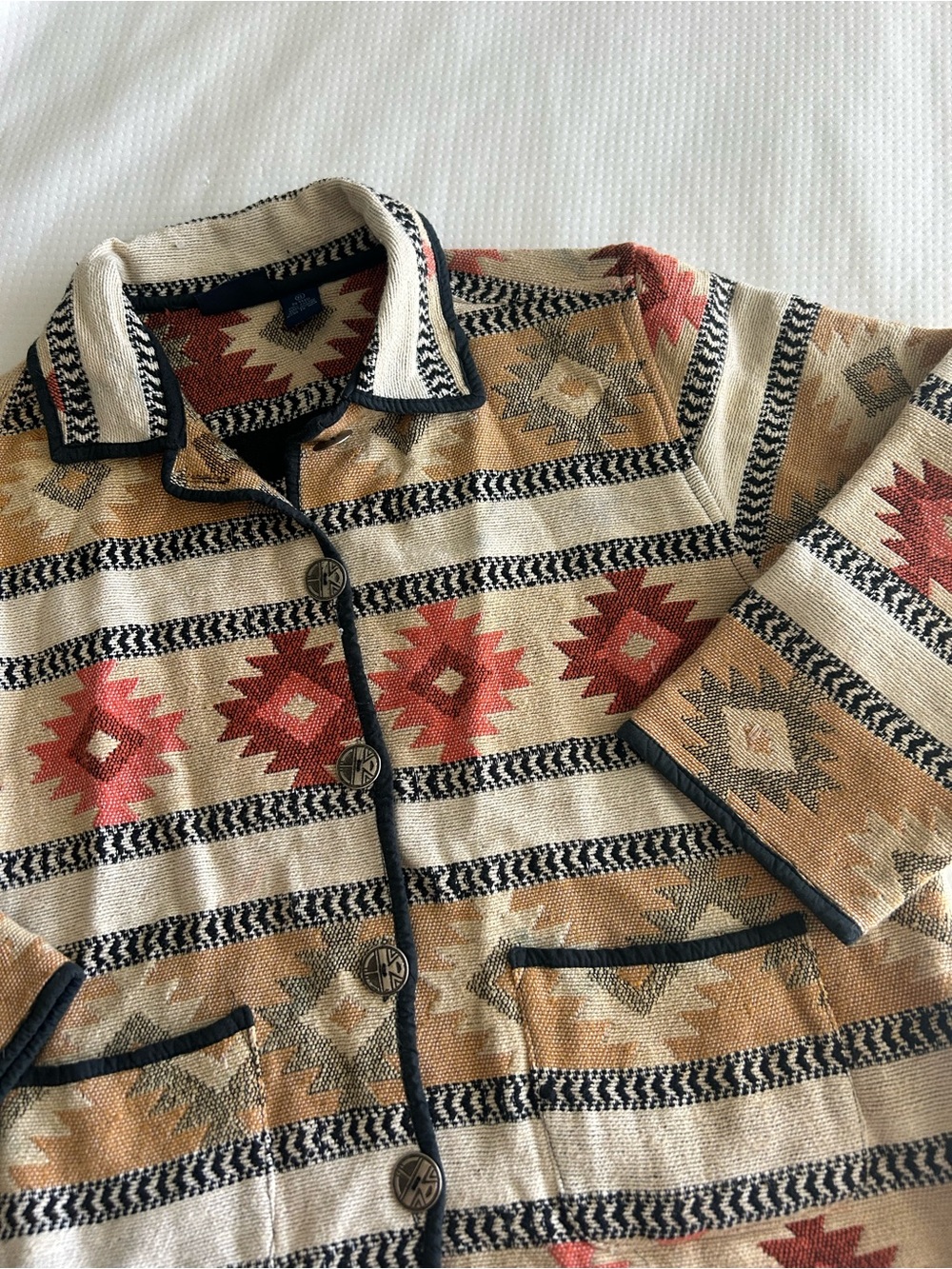 Laura Ashley Vintage Southwestern Aztec Knit Button-Up Cardigan in Beige/Rust - Picture 2 of 11
